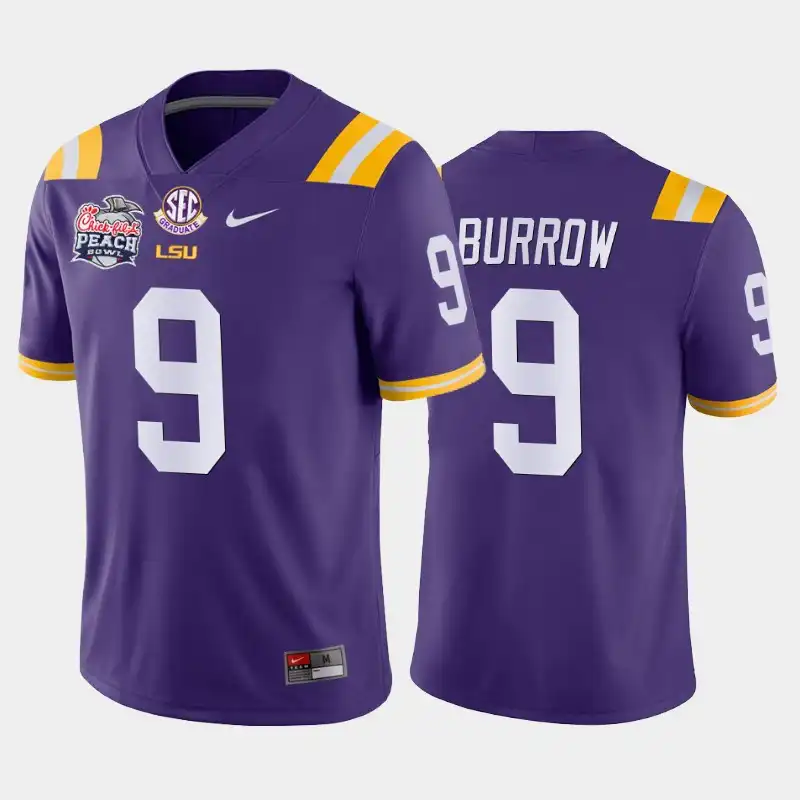 Men's LSU Tigers Joe Burrow #9 2019-20 Purple Peach Bowl Champions Away NCAA Football Jersey